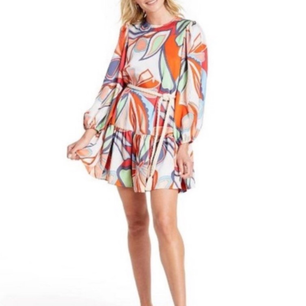Alexis x Target Mixed Floral Tiered Rope Belted Long Sleeve Mini Dress Size S